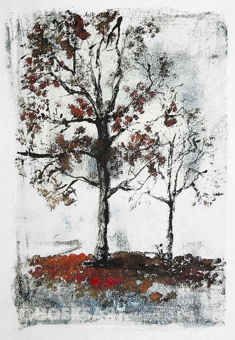 Oak Trees Eik Bomen monotype acrylics by Hilde Hoekstra Autumn orange leaves bare tree