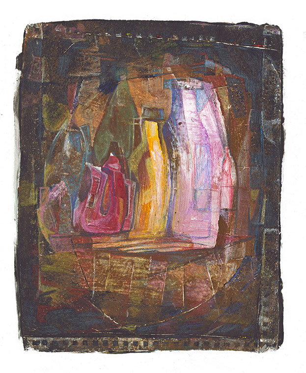 Stilleven, monotype by Hilde Hoekstra Shadow of a doubt Nits song album Omsk bottles and pots in bright light bright colors