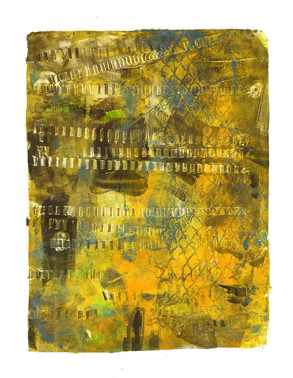 Yellow Suburb monotype by Hilde Hoekstra dutch art gelliprint geel Stad Yellow submarine