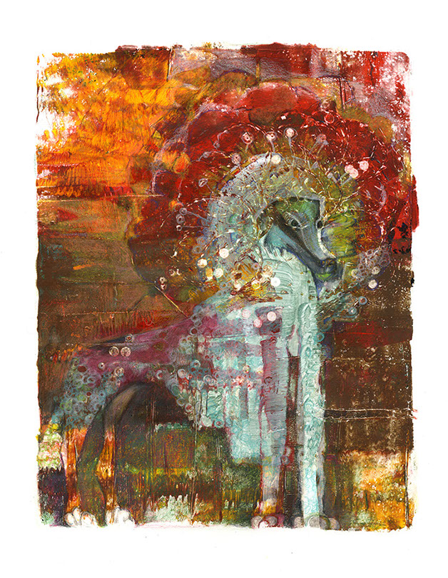 Koningspoedel Grote Poedel monotype by Hilde Hoekstra dutch art gelliprint drawing dogs bright colours