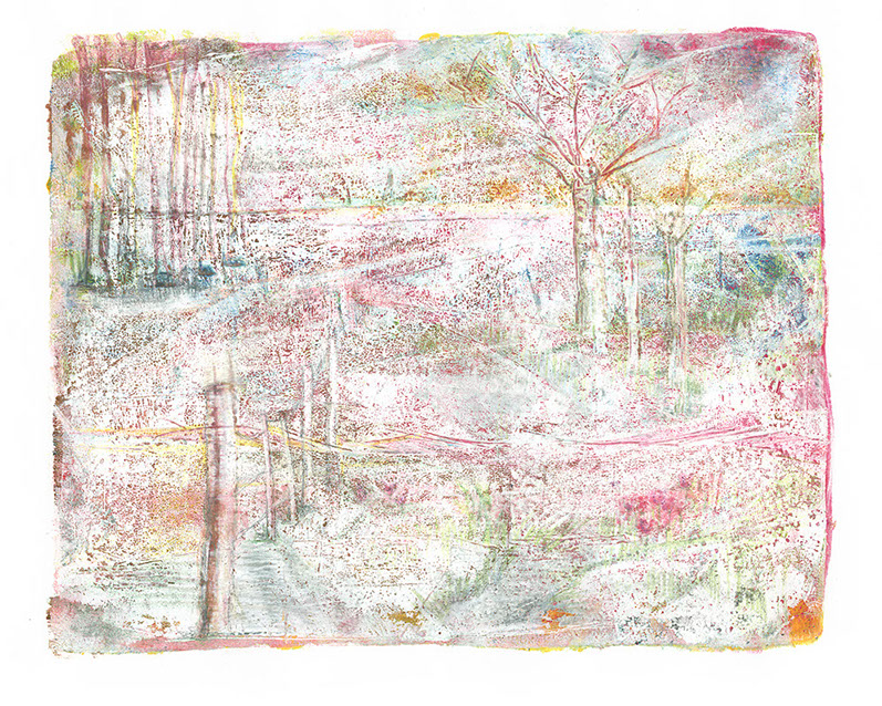 monotype by © Hilde Hoekstra Dutch art landscape sneeuw landschap gelliprint drawing songtitle by Prince