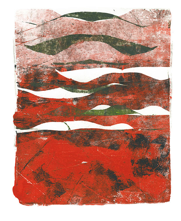 In vliegende vlucht monotype by © Hilde Hoekstra Dutch art gelliprint drawing rood en groen manta ray grote manta roggen vogels