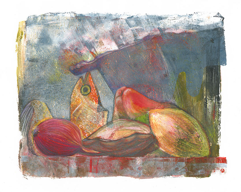 Stilleven met vis monotype by Hilde Hoekstra dutch art drawing bright colours