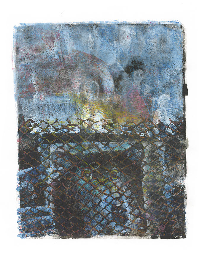 monotype by © Hilde Hoekstra Dutch art gelliprint drawing Bange zwarte beer in Dierentuin, from Nits song Three sisters album Alankomaat