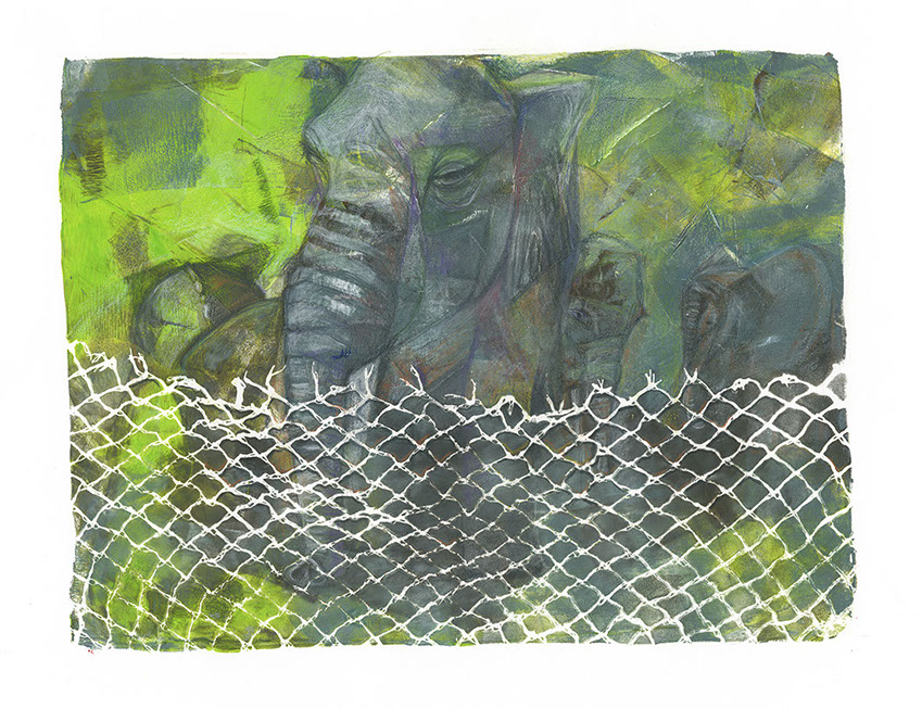 Olifant Fritz, zoo 3, monotype by Hilde Hoekstra acrylic Nits song There from Here album Giant Normal Dwarf groen en grijs gelli