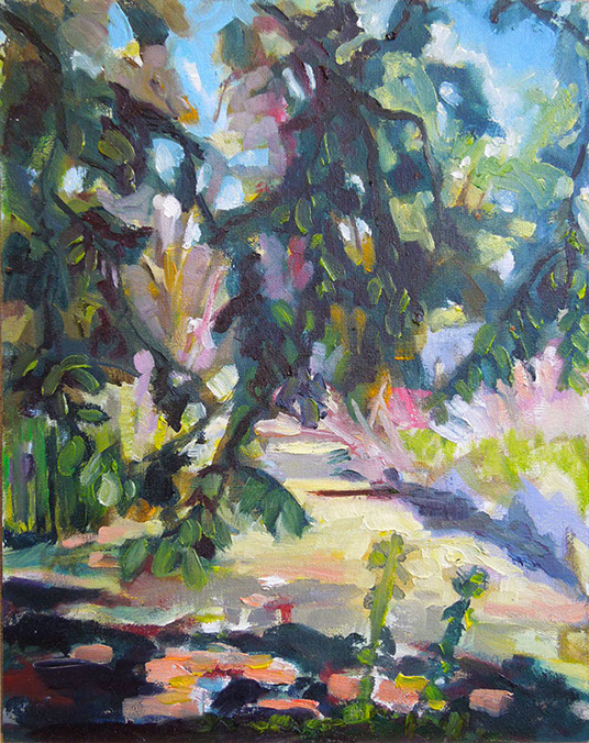 Aan de waterkant olieverf schilderij snelschilderen buiten kunst overhangende takken kroos colourful painting plein air