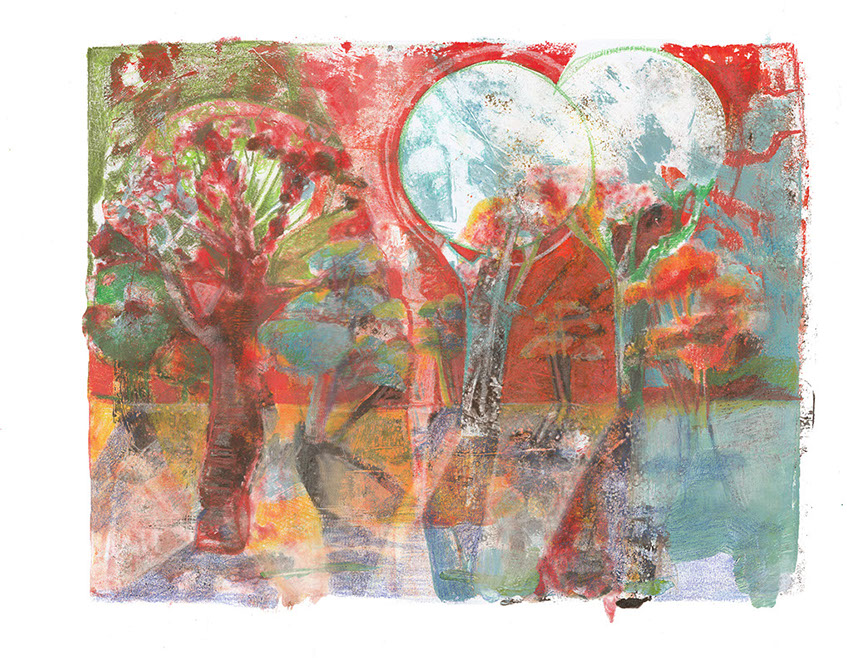 Tussen bomen, monotype by Hilde Hoekstra colorful abstract Dutch art gelliprint and drawing