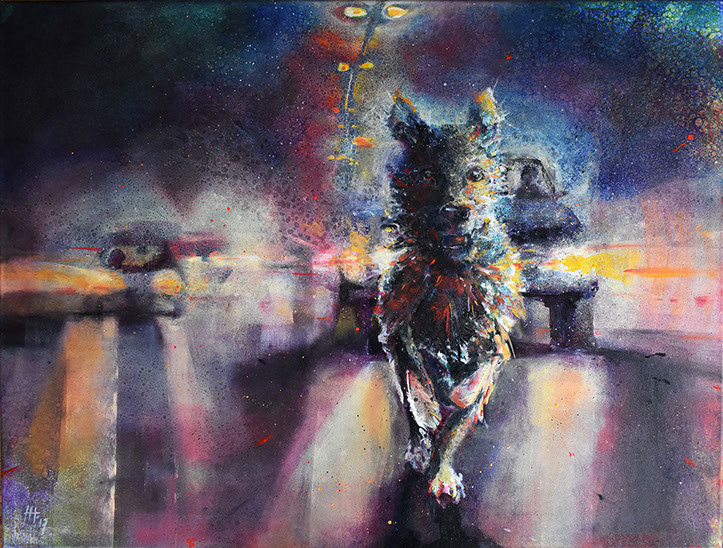 Dog, running, cars, highway's, dutch, , modern art, colorful, smashing colors, traffic, impressionist, dark, shades, spatter, rain