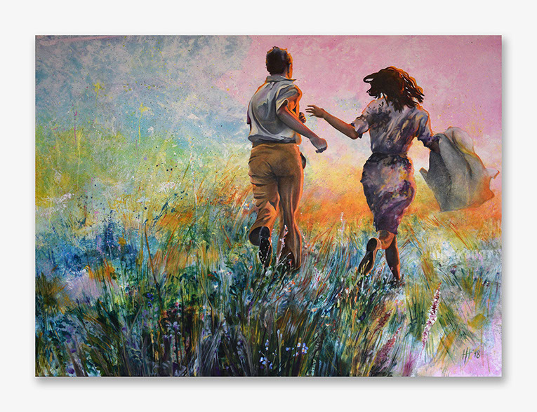 lovers, wild flowers, running, romance, fire, sunset, dutch art, impressionistic, modern art, colorful, sunlight, dress, angst, forget-me-nots