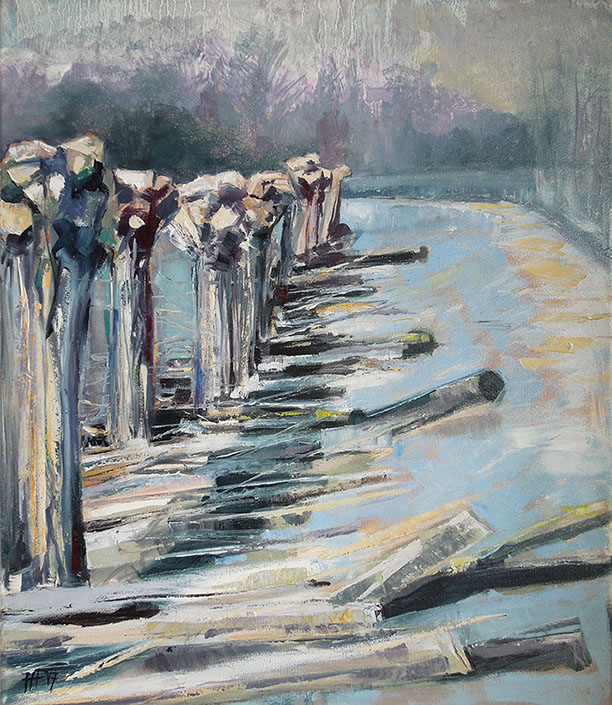 Wilgen geknot Vinkeveen, olieverf schilderij by Hilde Hoekstra dutch dikeHolland modern art grays, blues, winter, landscape, impressionist