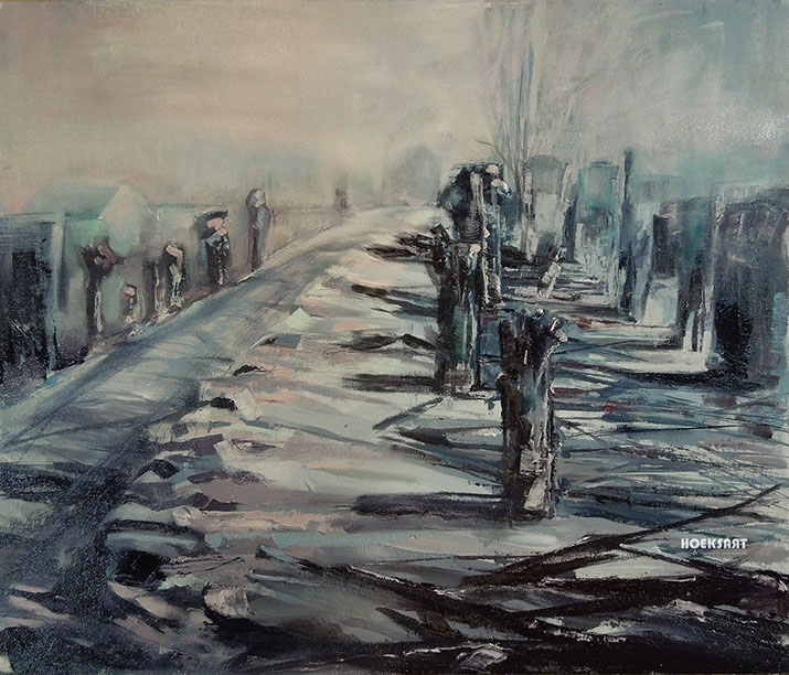 Wilgen geknot, Vinkeveen, olieverf schilderij by Hilde Hoekstra dutch Holland modern art, only grays blues, winter, landscape, impressionist