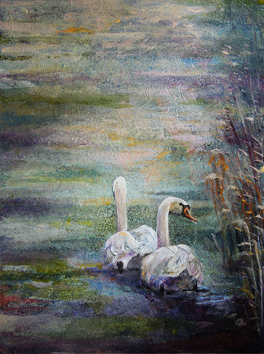 Het nest verlaten - olieverf schilderij by Hilde Hoekstra, zwanen, Zwanenburg, dutch, sloot Holland, art, water birds swans, monogamy