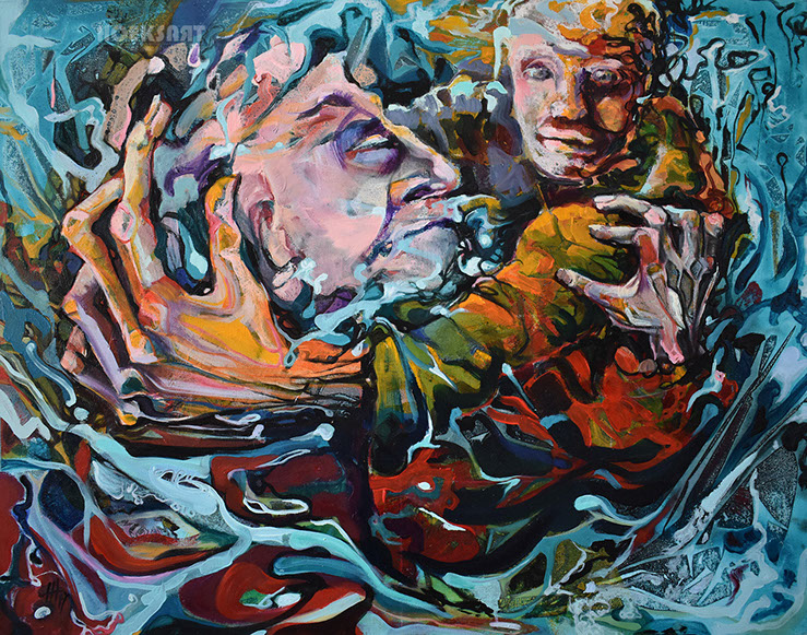 Draaikolk schilderij, whirlpooldutch sea water colourful, modern art dissapearing alzheimers, refugee, maelstrom, drowning, saving, hero, dying 