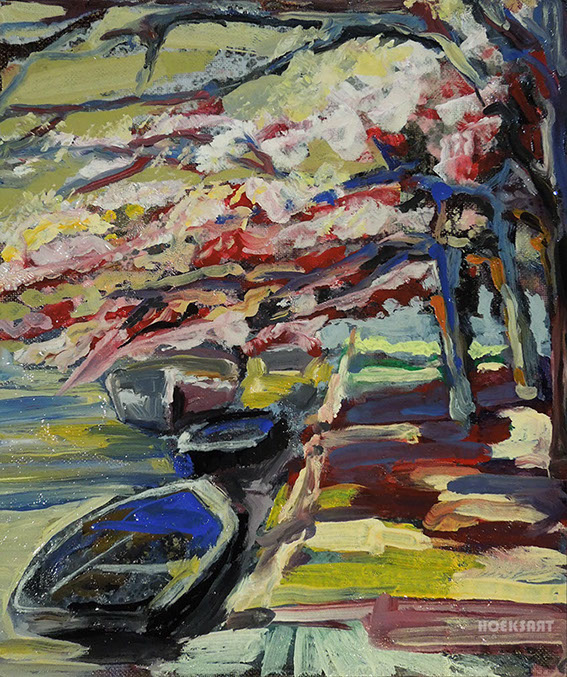 Sierkers in bloei op J.Israelskade Amsterdam boats on the quay springtime in the city olieverf schilderij Hoekstra dutch Holland art