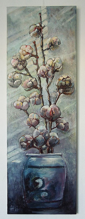 Katoen in vaas, vase, seventies, 1970's, dutch, Holland, modern art, colorful, pastel colors, stilllife, impressionist, sunlight, shades