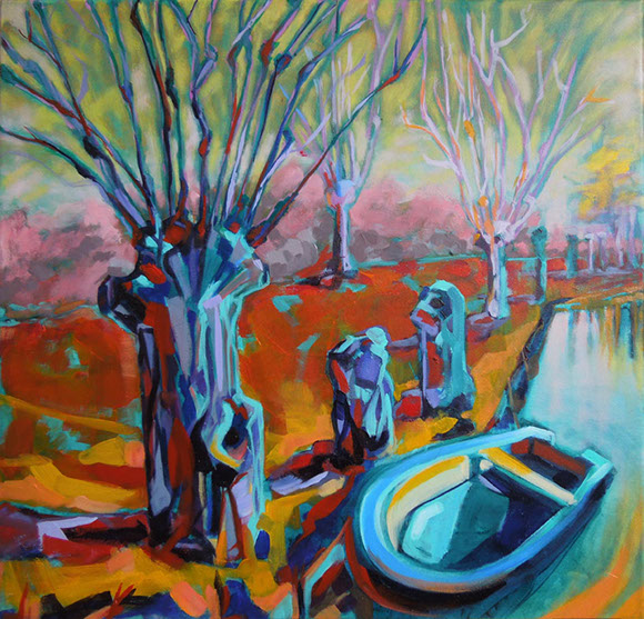 Knotwilgen en boot olieverf schilderij  by Hilde Hoekstra kleurrijk bij Vinkeveen Netherlands Dutch