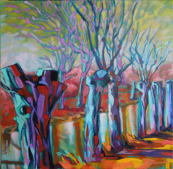 Knotwilgen bij Vinkeveen Netherlands olieverf schilderij by Hilde Hoekstra purple trees