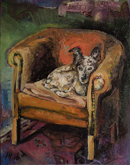 Hond Loewietje olieverf schilderij dutch modern art colourful fast painting portretje 