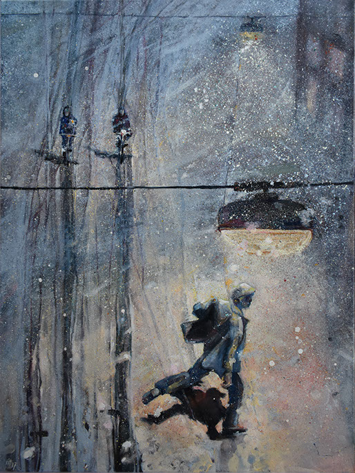 Running man, bicycles, snow, street, lamps, Amsterdam, modern art, thief, going home, impressionist, night, shades, bad weather, code red