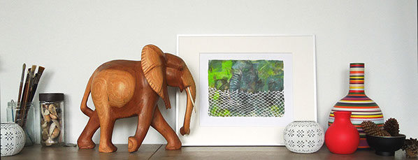Elephant, art, green, wooden elephant, framed art