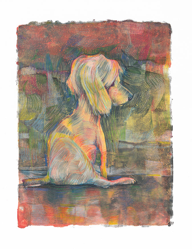 Klein oud hondje monotype by Hilde Hoekstra colorful drawing kleurrijk tekening cocker spaniel I<3dogs