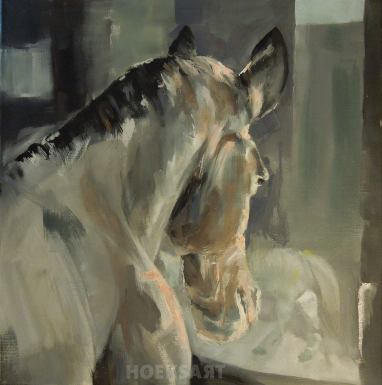 Paard in de stal, schilderij, olieverf, oilpainting by Hilde Hoekstra