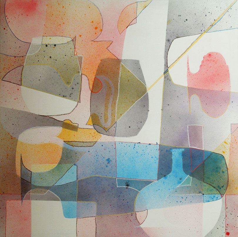 stilleven tussenvormen acrylverf en sjablonen by © Hilde Hoekstra, Dutch, modern art, drawing, stillife, colourful, spatters and drops