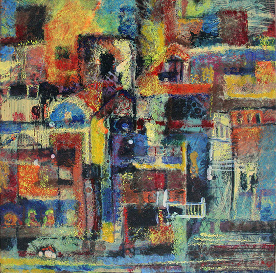 stadje olieverf schilderij oilpaint by Hilde Hoekstra little houses in a city