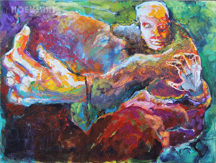 Strijd - olieverf schilderij, dutch, Holland, colourful, modern art, dissapearing, alzheimers, refugee, maelstrom, drowning, saving, hero, dying