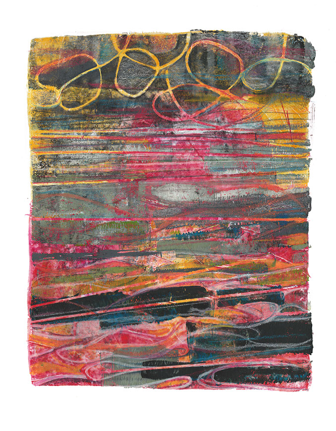 Branding bij Zonsondergang Beach Strand abstract art monotype by Hilde Hoekstra colorful geel roze en grijzen bright colors on gray