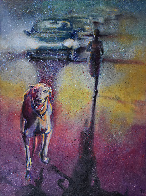 Dog, jogging, cars, traffic, rain, snow, night, dutch, modern art, colorful,  impressionist, lamplights, shades, searching, running