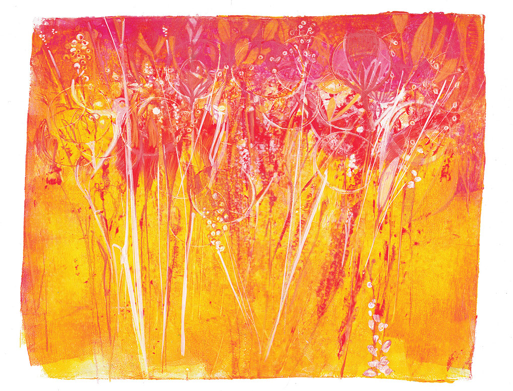 Geel veld met wilde bloemen monotype by Hilde Hoekstra gelliprint acrylics Dutch art geel roze en rood