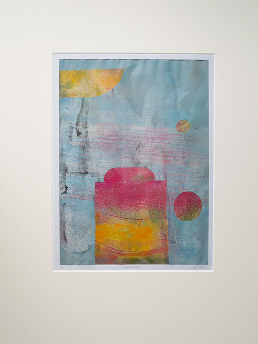 Monotype, gelliprint,printmaking, mark making, open acrylics, water, ship, reflection, sun, stillness, lightblue, pole, quiet, blue, empty