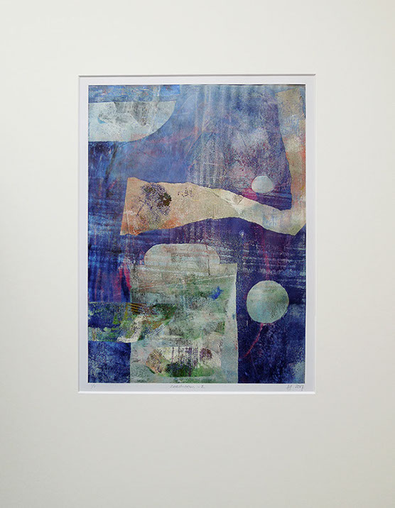 Monotype, gelliprint,printmaking, mark making, open acrylics, water, ship, reflection, moon, stillness, blue, pole, quiet, blue, empty, night